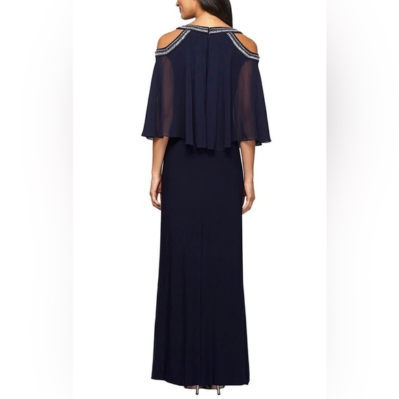 Alex Evenings Cold Shoulder Popover Jersey & Chiffon Gown with Beaded Neckline - Picture 2 of 7